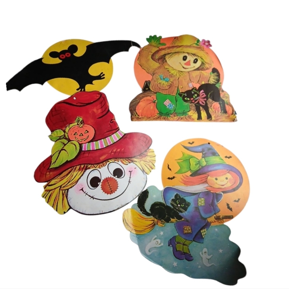 Vtg Halloween Die Cuts Lot: Girl Witch, Bat, & 2 Scarecrows - Fall Wall Decor
